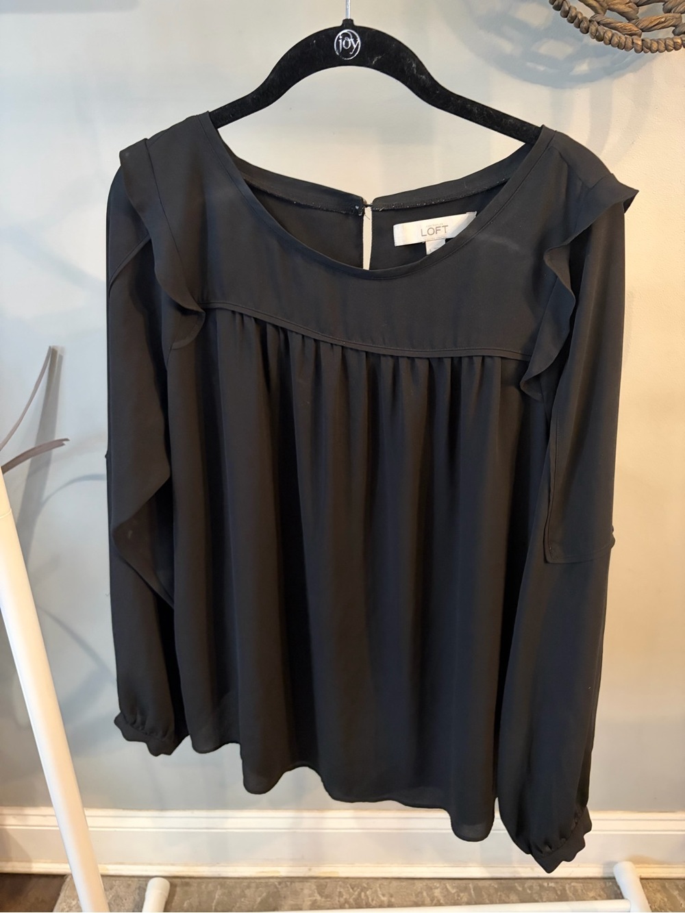 LOFT Black Ruffle Yoke Long Sleeve Top size large